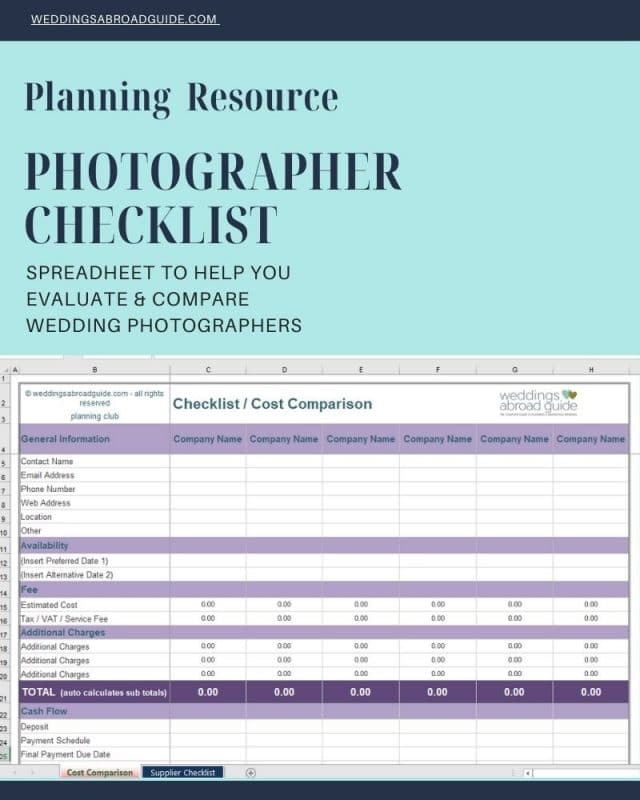 Planning Resource Spreadsheet to Compare & Evaluate Destination Wedding Photographers - Download