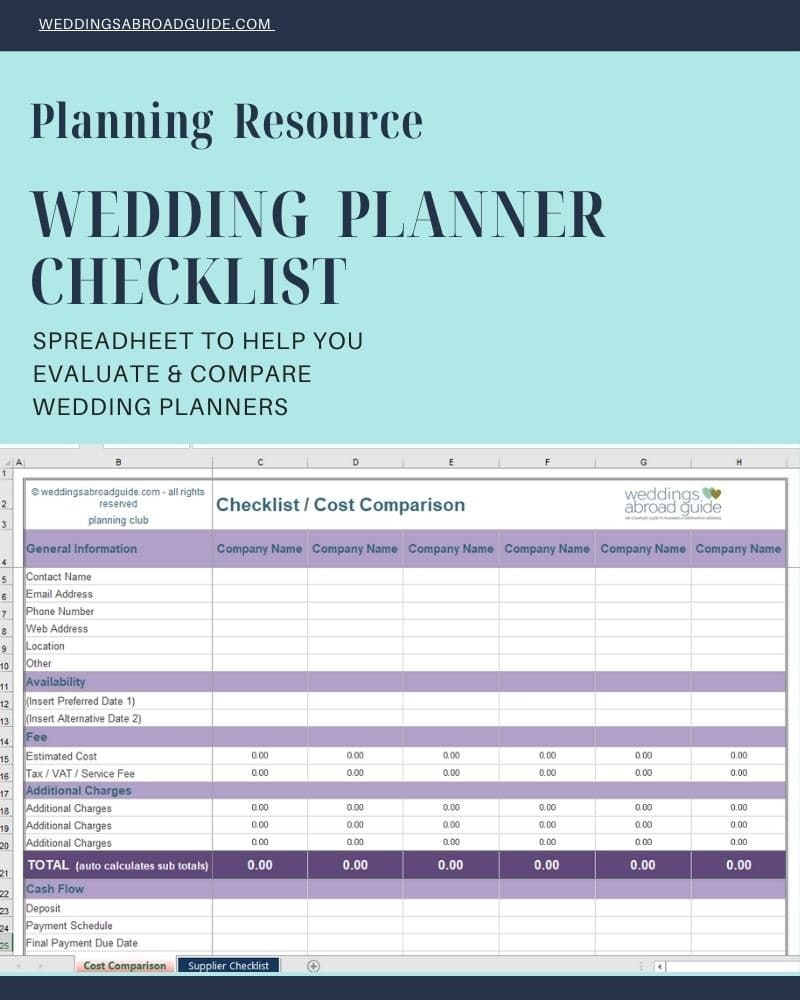 Planning Resource Spreadsheet to Compare & Evaluate Destination Wedding Planners - Download