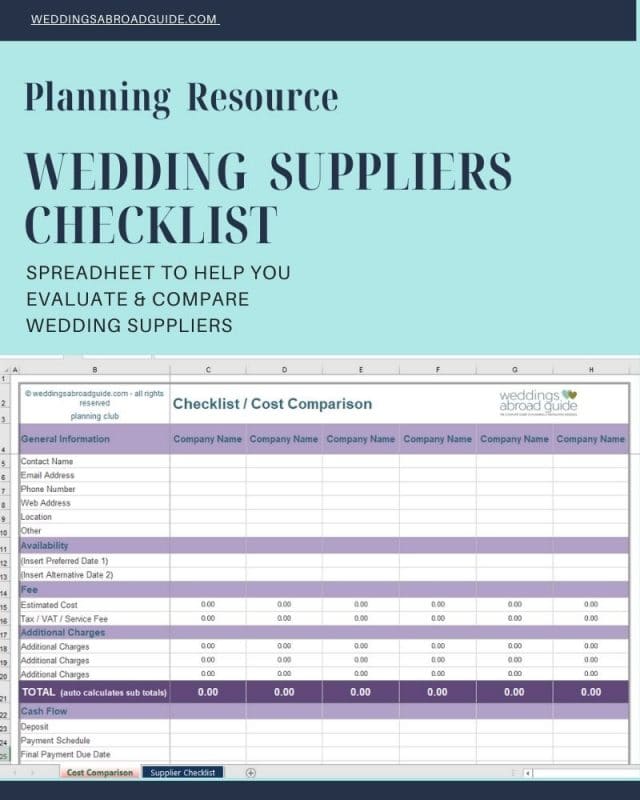 Planning Resource Spreadsheet to Compare & Evaluate Destination Wedding Suppliers - Download
